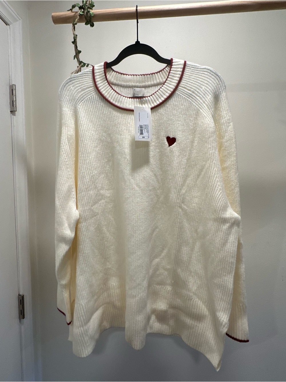 Women’s 2X | A New Day Cream Heart Embroidered Ribbed Sweater